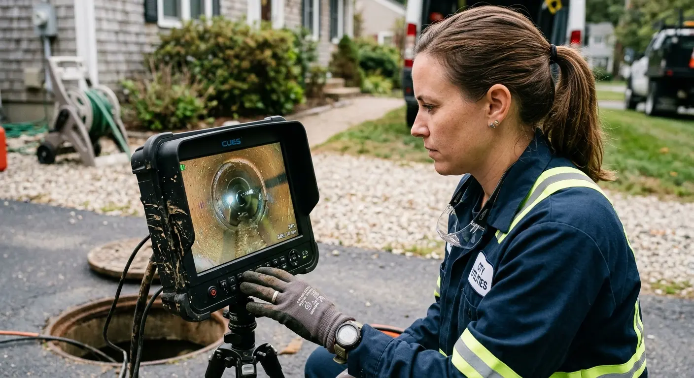Technician reviewing sewer camera inspection footage in Claremont