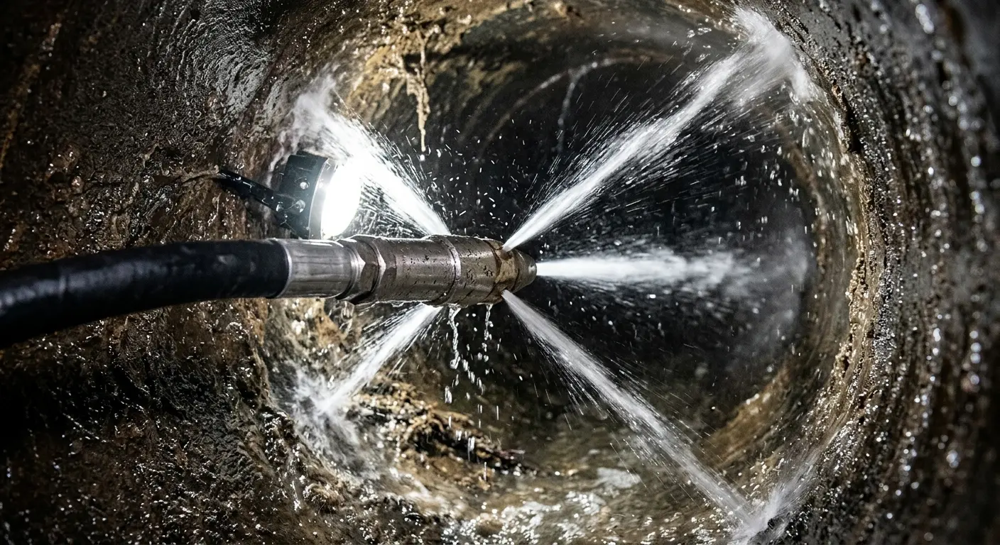 High-pressure hydro jetting nozzle cleaning sewer pipe for Emergency Drain Service in Claremont