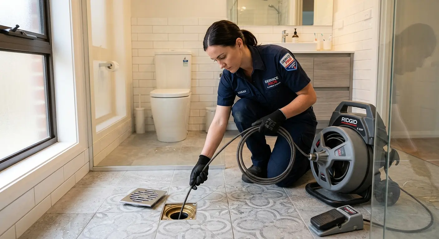 Technician clearing a bathroom floor drain for Drain Cleaning in Claremont
